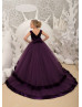 Deep Purple Velvet Tulle V Back Flower Girl Dress